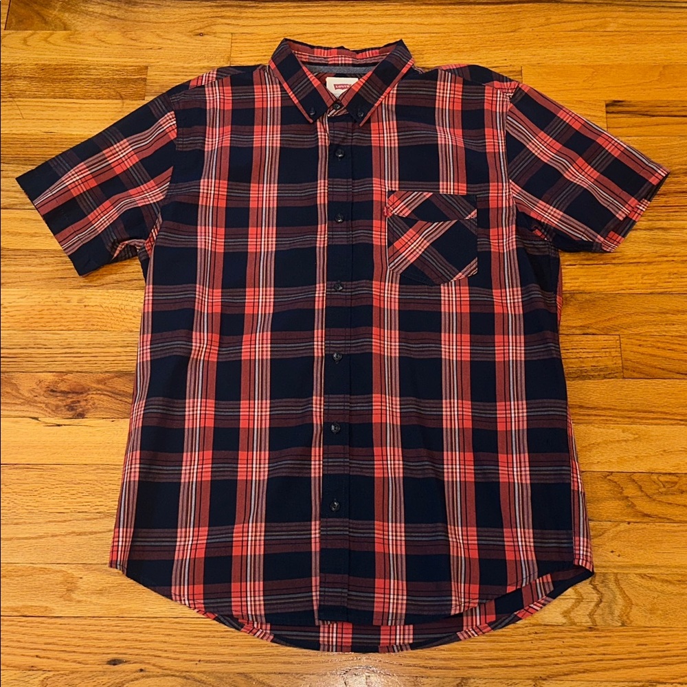 🌺 Levi's Red and Navy Blue Plaid Shirt Sz L - Picture 4 of 7